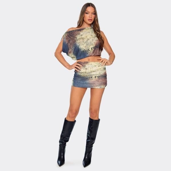 EGO Low Waist Ruched Detail Mini Skirt In Multi Printed, Women's Size UK 6 - 1