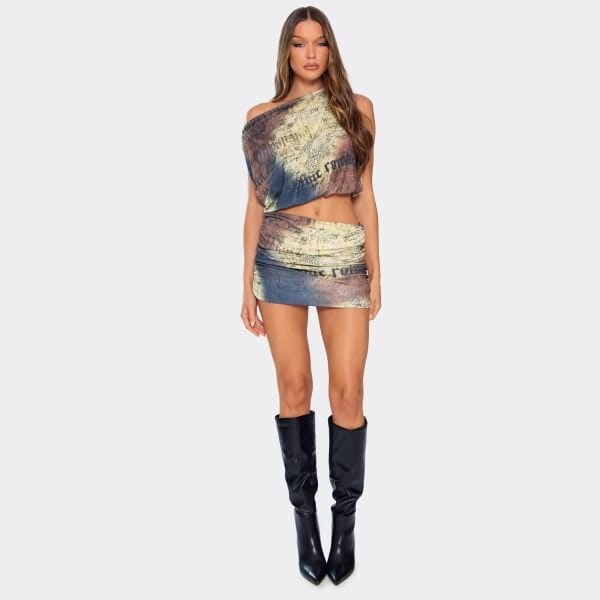 EGO Low Waist Ruched Detail Mini Skirt In Multi Printed, Women's Size UK 6 - 2