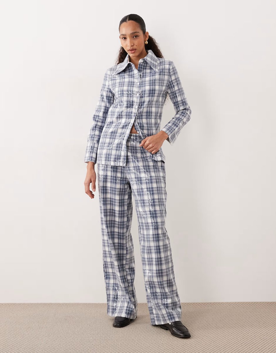 ASOS Ghospell Maya sequin shirt in blue tartan print co ord  - 3
