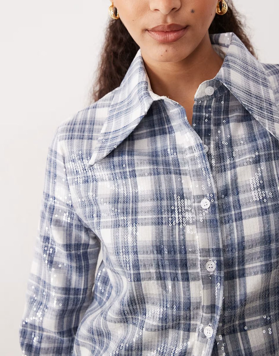 ASOS Ghospell Maya sequin shirt in blue tartan print co ord  - 4