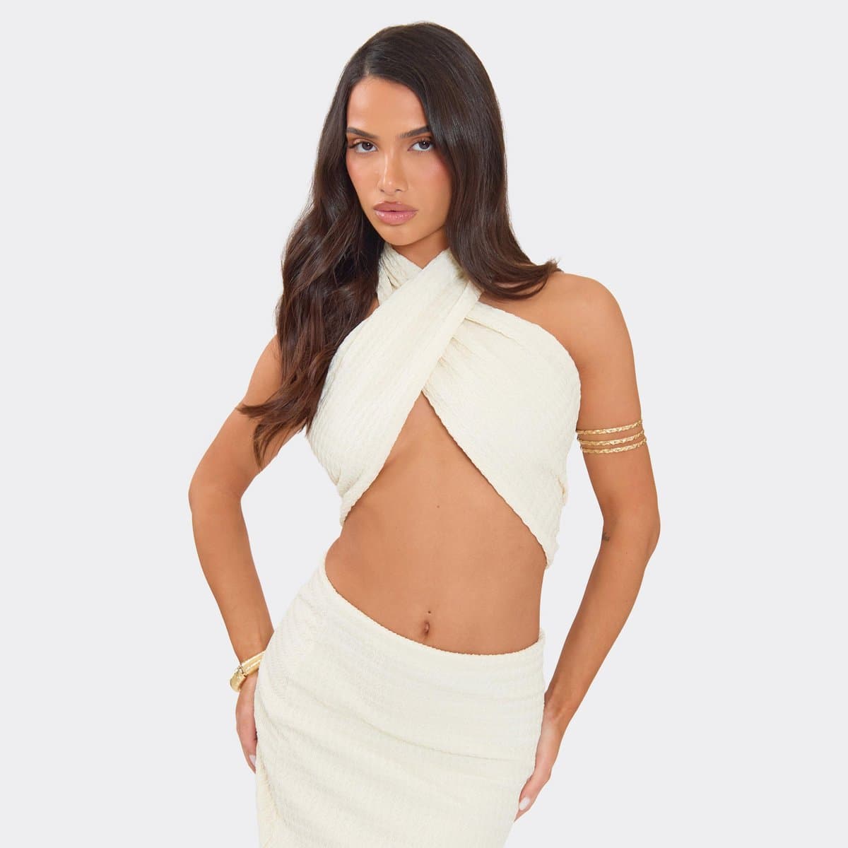 EGO EGO Halterneck Wrap Crop Top in Cream