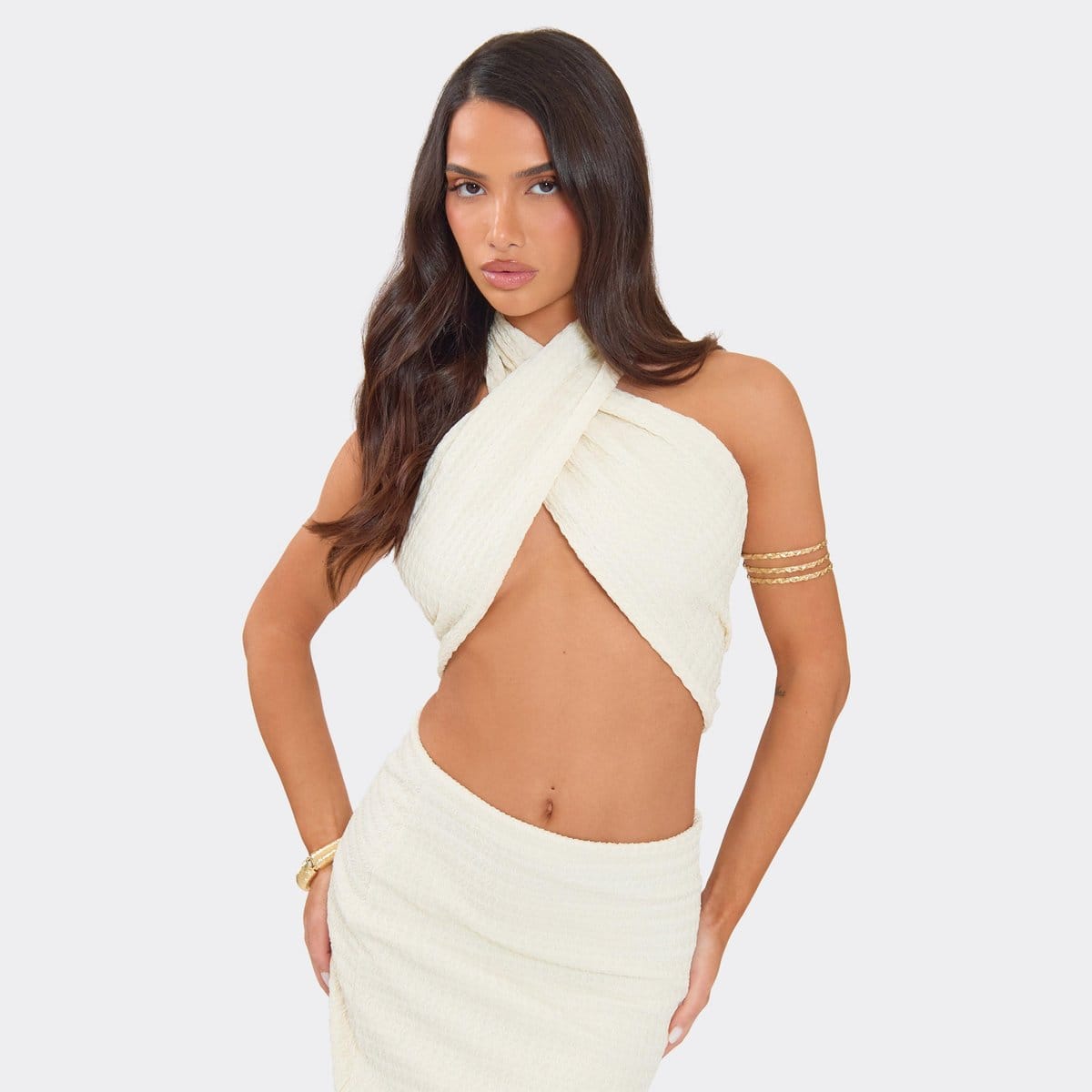 EGO Halterneck Wrap Around Detail Top In Cream Textured, Women's Size UK 6 - 1