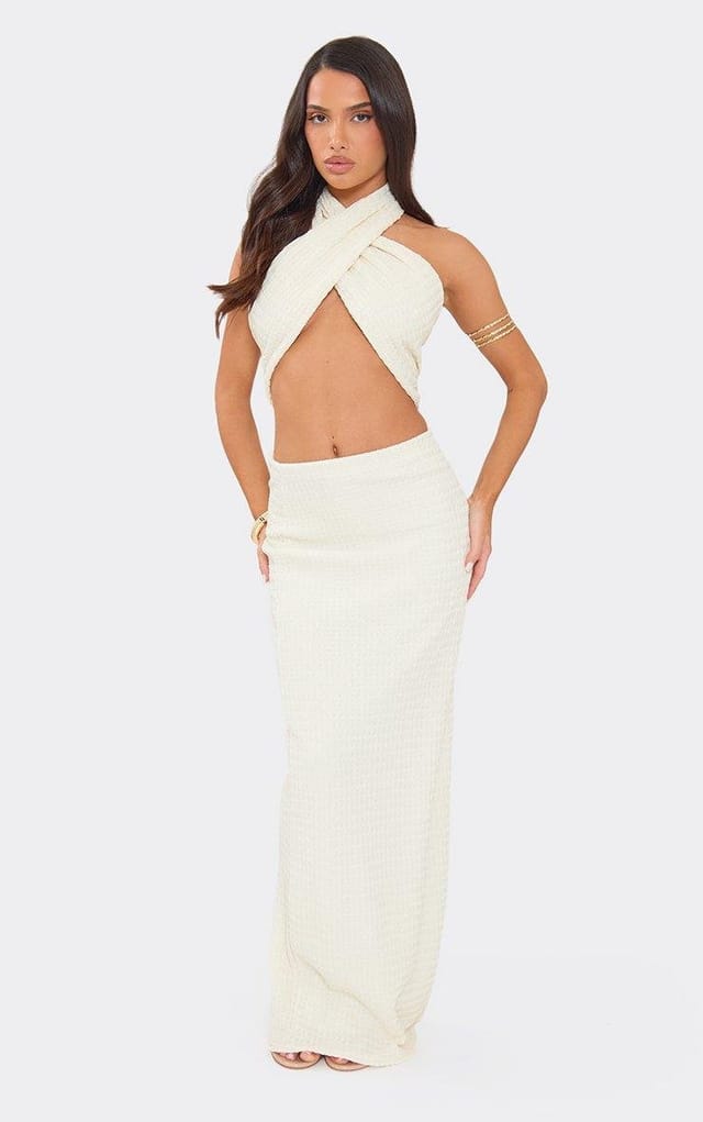 EGO Halterneck Wrap Around Detail Top In Cream Textured, Women's Size UK 6 - 2