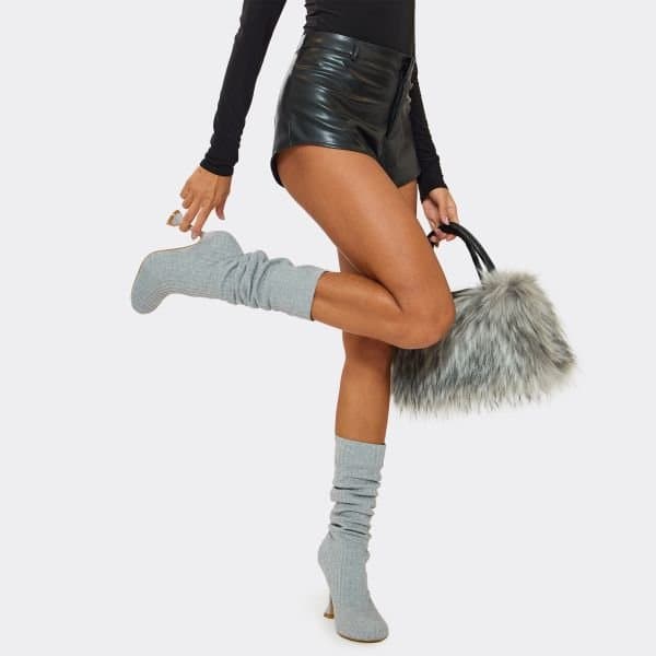 EGO Bunbun Ribbed Detail Knee High Heeled Sock Boot In Grey Knit, Women's Size UK 4
