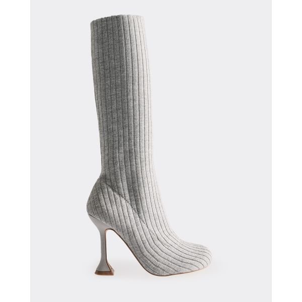 EGO Bunbun Ribbed Detail Knee High Heeled Sock Boot In Grey Knit, Women's Size UK 4 - 2