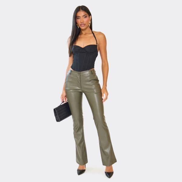 EGO EGO Low Rise Skinny Flared Trousers in Khaki Green
