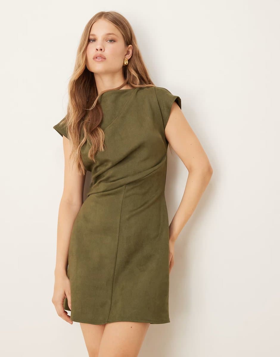 ASOS ASOS DESIGN  suede drape mini dress in khaki in scuba-style fabric