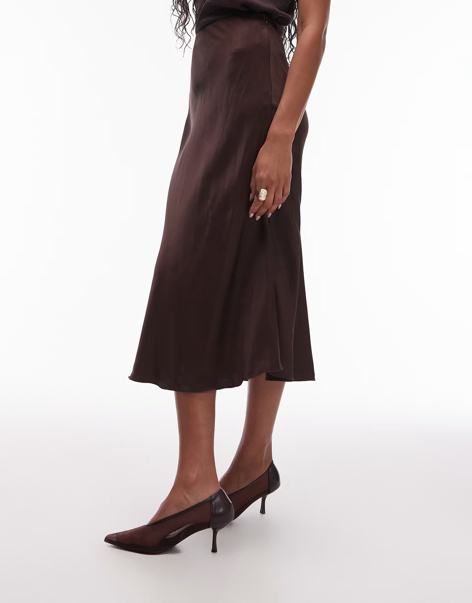 ASOS & Other Stories satin slip midi skirt in dark brown - 4