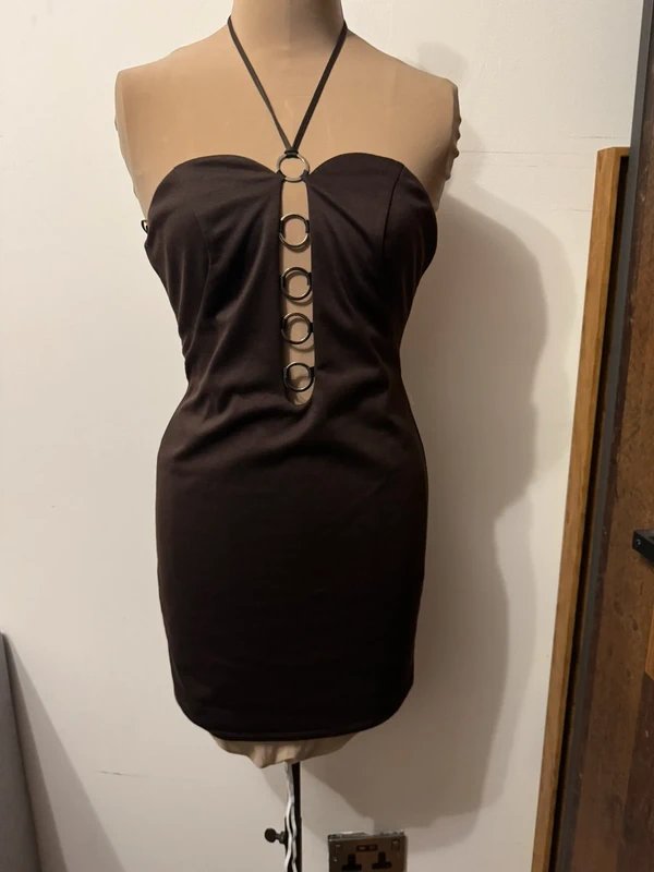 ASOS Design brown mini dress halter neck ties dress circle metallic ring - 1