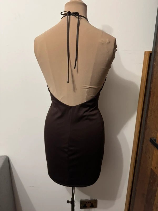 ASOS Design brown mini dress halter neck ties dress circle metallic ring - 3