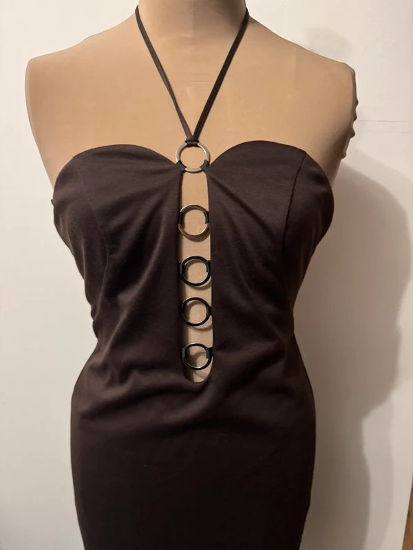 ASOS Design brown mini dress halter neck ties dress circle metallic ring - 4