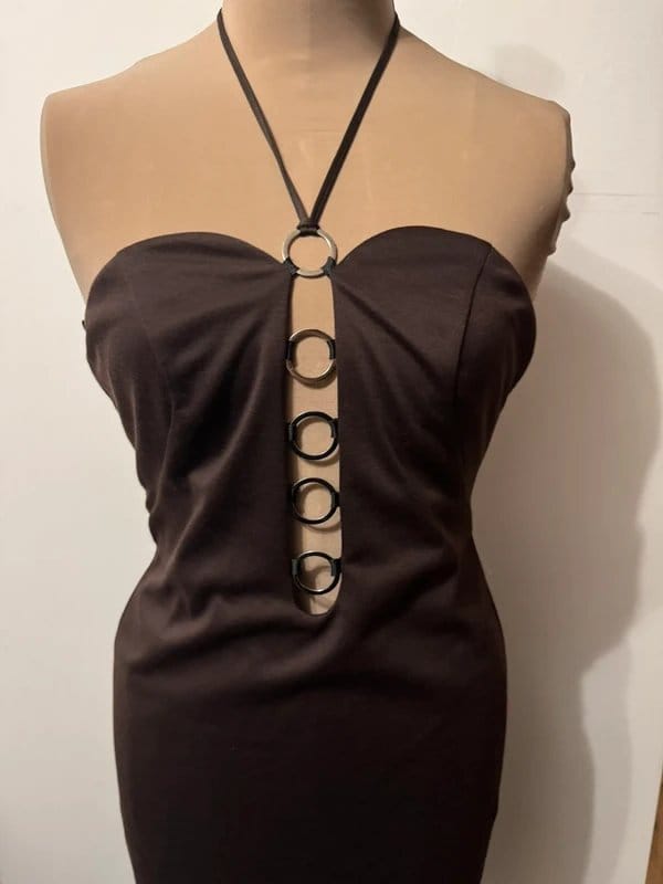 ASOS Design brown mini dress halter neck ties dress circle metallic ring - 4