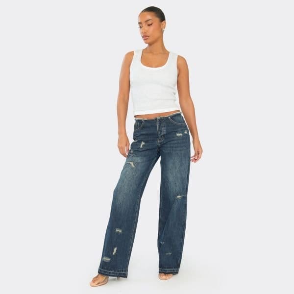 EGO Low Waist Distressed Detail Straight Leg Jeans In Dark Blue Denim, Women's Size UK 6 - 2