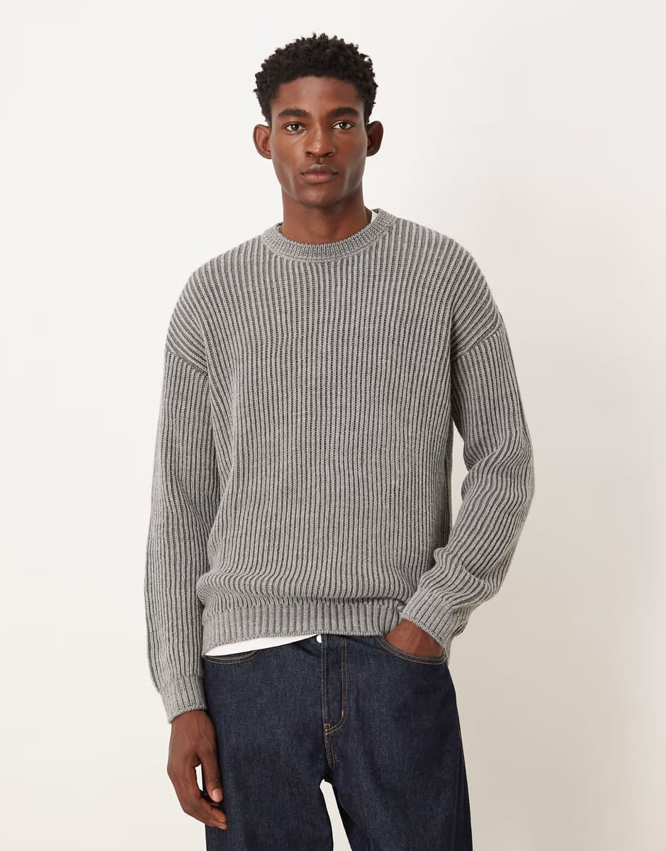 ASOS ASOS Relaxed Long Sleeve Crew Neck Rib Jumper in Charcoal