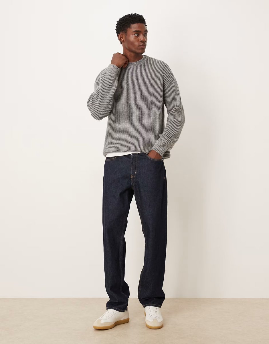 ASOS ASOS DESIGN relaxed long sleeve knitted crew neck rib jumper in charcoal - 2