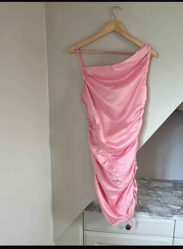 Missguided Missguided Pink Silk Satin One Shoulder Ruched Ruffle Corset Midi Dress Size 8
