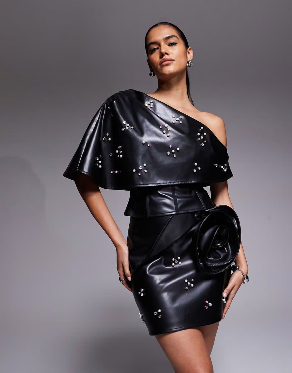 ASOS ASOS LUXE PU mini skirt with embellishment and corsage in black