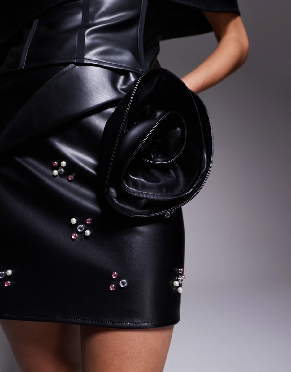 ASOS ASOS LUXE PU mini skirt with embellishment and corsage in black - 2