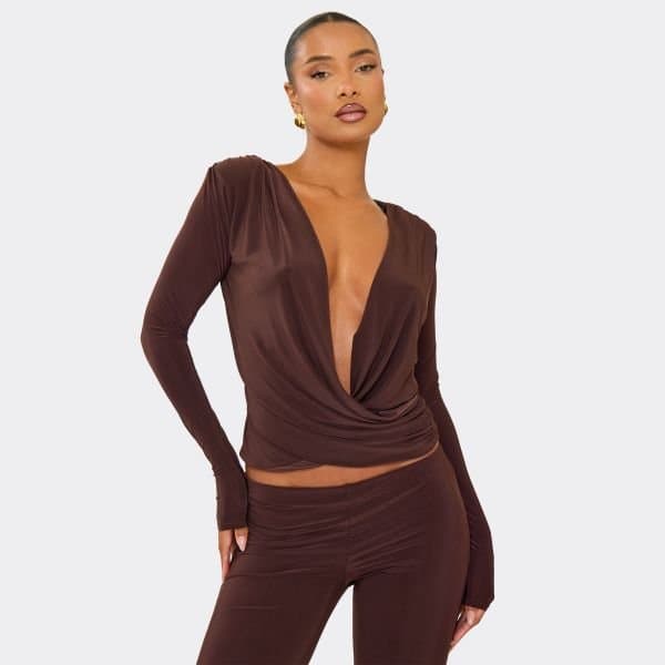 EGO Long Sleeve Cowl Neck Wrap Top In Chocolate Brown Slinky, Women's Size UK 6