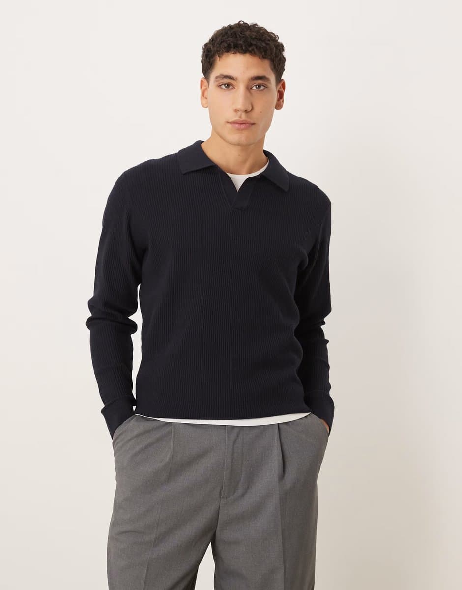 ASOS Mango cotton mix revere collar knitted polo top in navy