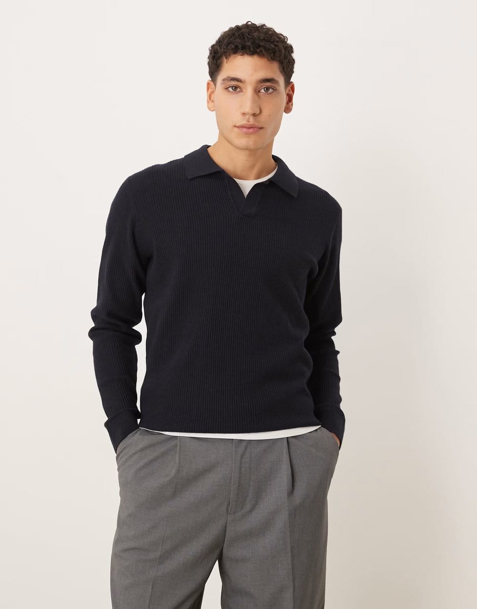 ASOS Mango cotton mix revere collar knitted polo top in navy - 1