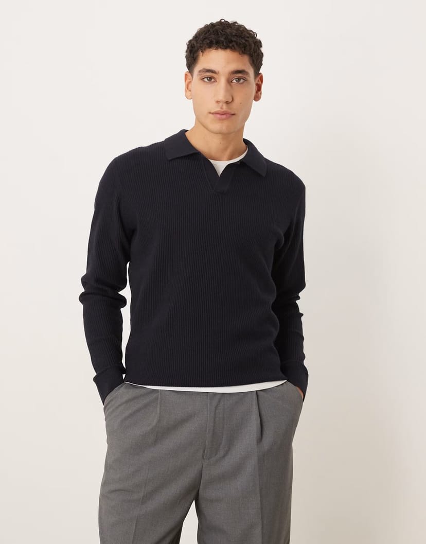 ASOS Mango cotton mix revere collar knitted polo top in navy - 1