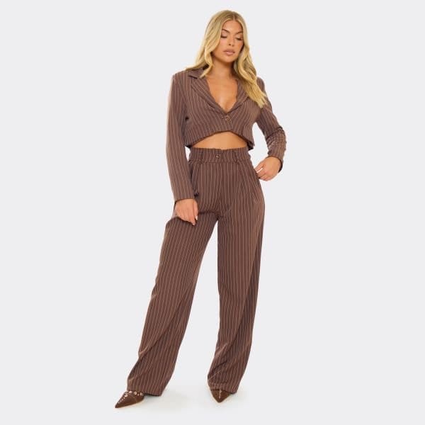 EGO Mid Rise Tailored Wide Leg Trousers In Brown Pinstripe, Women's Size UK Large L - 1