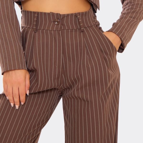 EGO Mid Rise Tailored Wide Leg Trousers In Brown Pinstripe, Women's Size UK Large L - 2