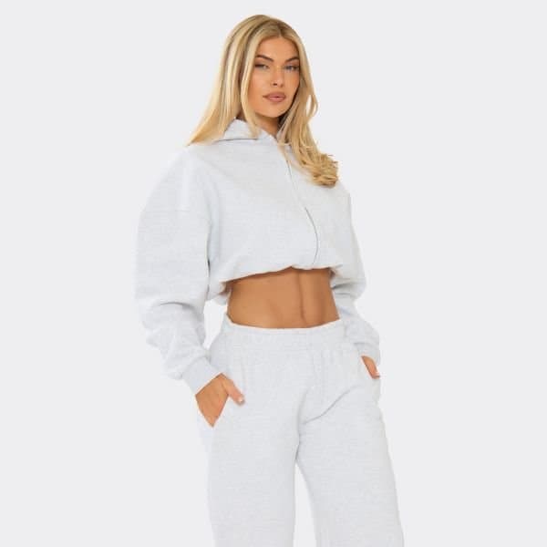 EGO Long Sleeve Bubble Hem Cropped Zip Up Hoodie In Grey, Women's Size UK 10