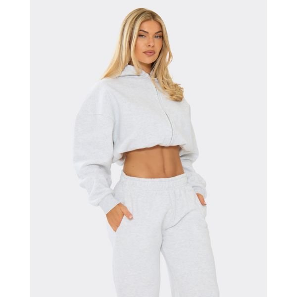 EGO Long Sleeve Bubble Hem Cropped Zip Up Hoodie In Grey, Women's Size UK 10 - 2