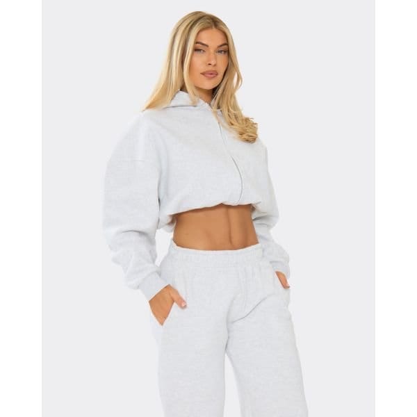 EGO Long Sleeve Bubble Hem Cropped Zip Up Hoodie In Grey, Women's Size UK 10 - 2