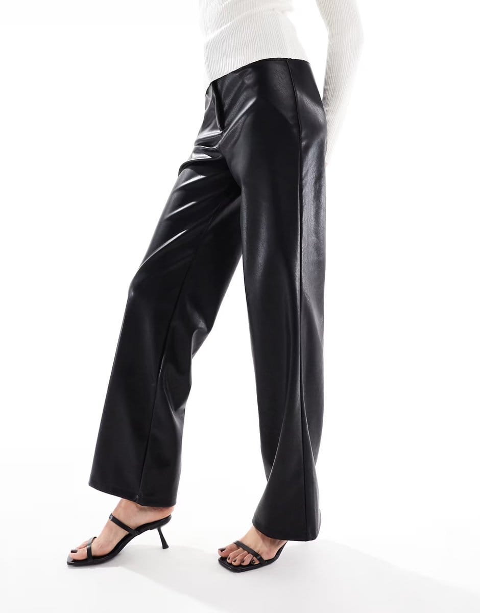 ASOS ASOS DESIGN Tall leather look wide leg trouser in black - 1