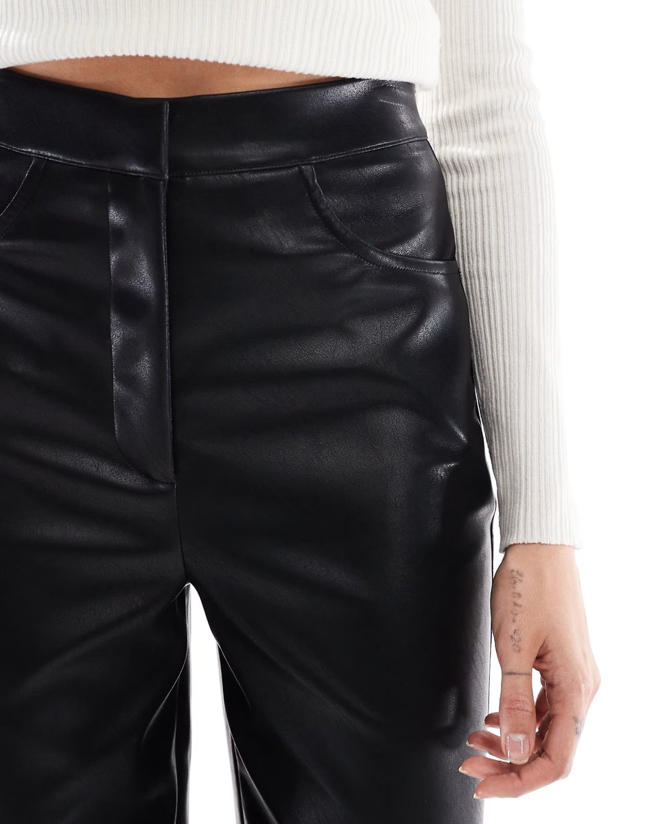 ASOS ASOS DESIGN Tall leather look wide leg trouser in black - 4