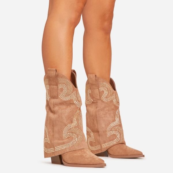 EGO Storm Embroidered Flared Detail Pointed Toe Western Cowboy Boot In Tan Brown Faux Suede, Women's Size UK 3 - 1