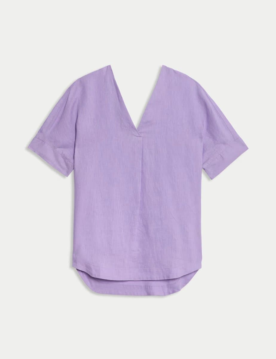Marks & Spencer M&S Pure Linen V-Neck Relaxed Popover Blouse in Dusted Lilac