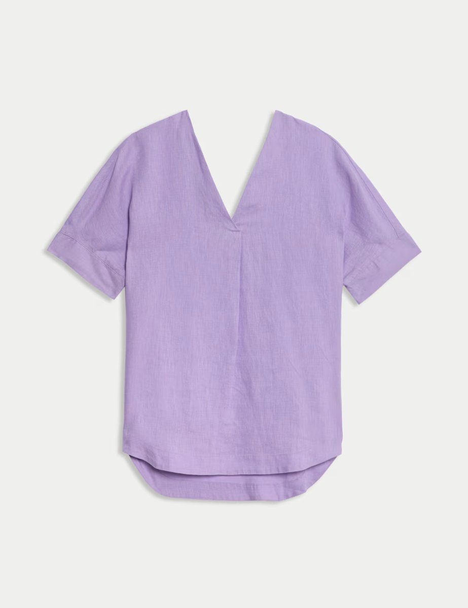 Marks & Spencer M&S Pure Linen V-Neck Relaxed Popover Blouse Dusted Lilac - 2