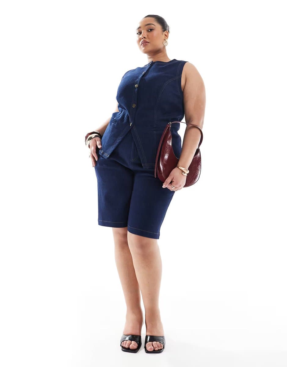 ASOS Renee Studio Plus exclusive button front waistcoat co-ord in dark denim wash  