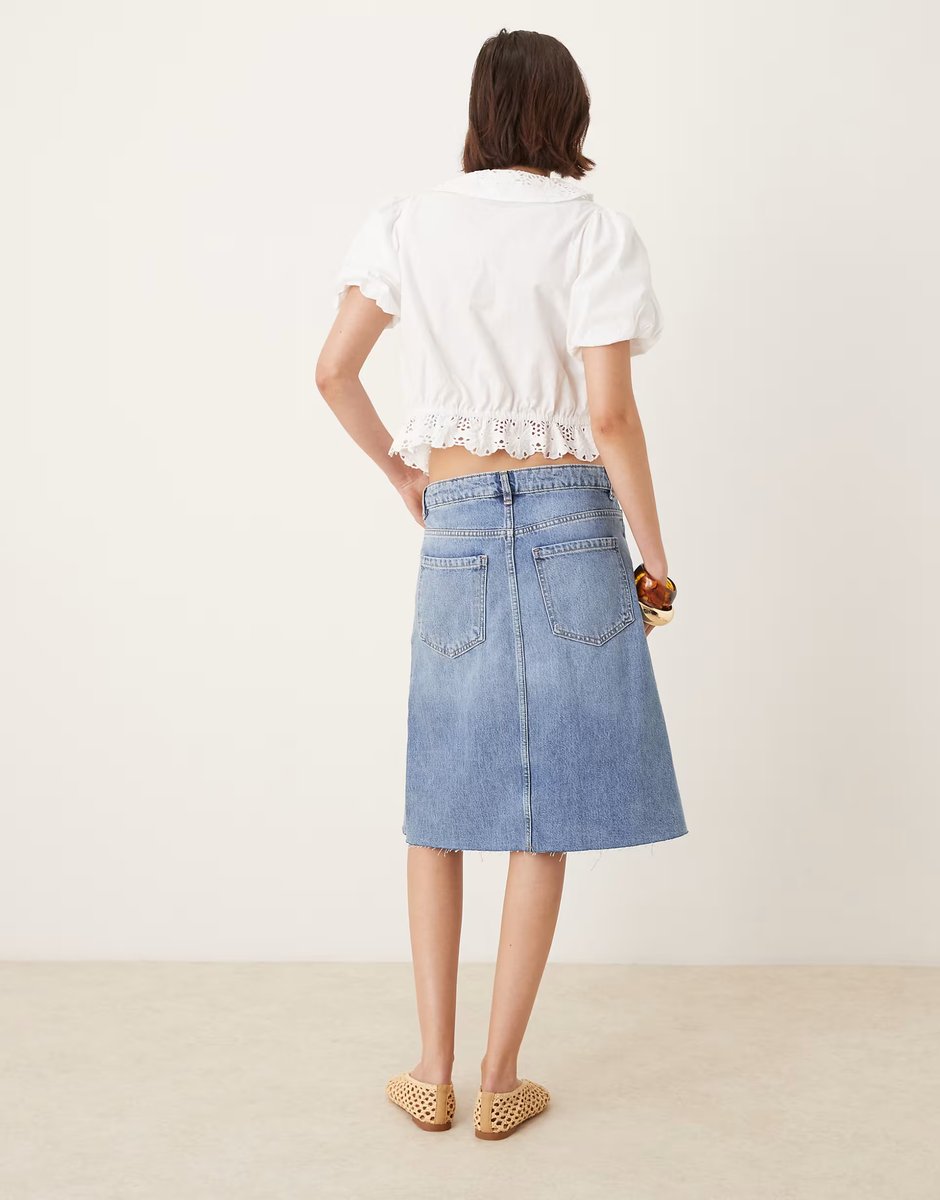ASOS Mango split front knee length denim skirt in light blue - 3