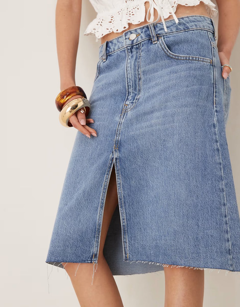 ASOS Mango split front knee length denim skirt in light blue - 4
