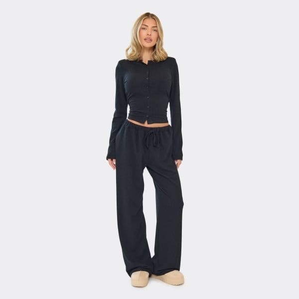 EGO Low Rise Wide Leg Trousers In Black Ribbed, Women's Size UK 4 - 1