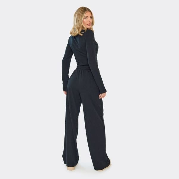 EGO Low Rise Wide Leg Trousers In Black Ribbed, Women's Size UK 4 - 2