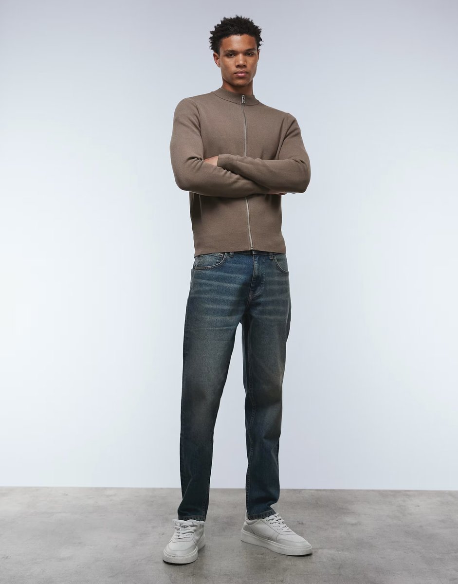 ASOS Mango round neck zip through knitted cardigan in camel - 2