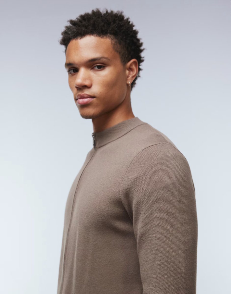 ASOS Mango round neck zip through knitted cardigan in camel - 4