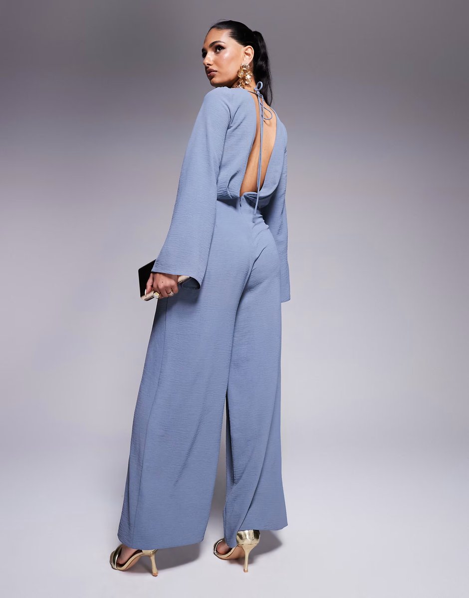 ASOS ASOS DESIGN cowl neck long sleeve jumpsuit with open back in dusky blue - 3