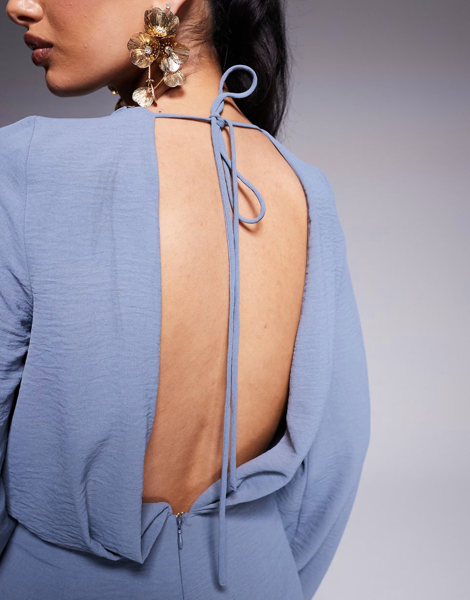 ASOS ASOS DESIGN cowl neck long sleeve jumpsuit with open back in dusky blue - 4