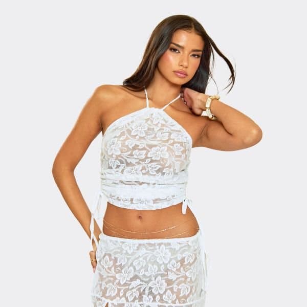 EGO EGO High Neck Ruched Detail Open Back Top in White Lace