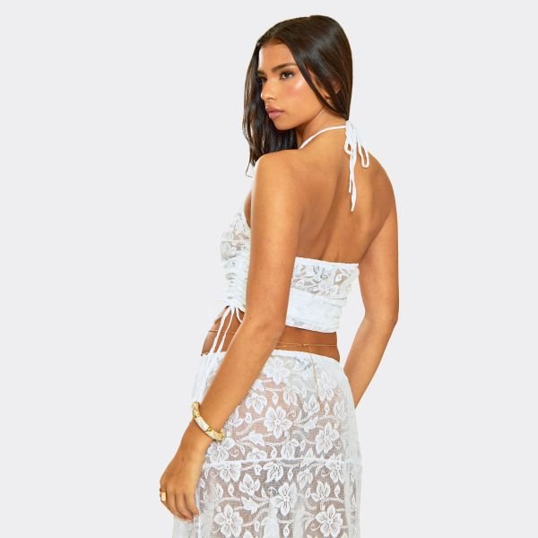 EGO High Neck Ruched Detail Open Back Top In White Lace, Women's Size UK 6 - 2