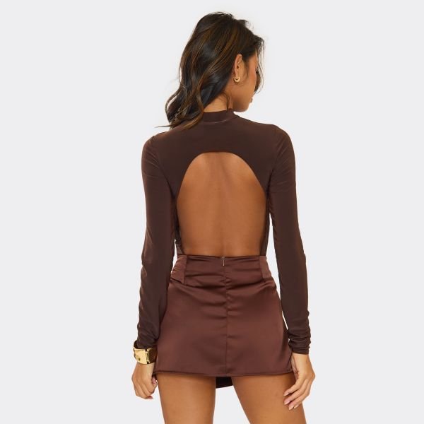 EGO Mid Rise Ruched Front Detail Mini Skirt In Chocolate Brown Satin, Women's Size UK 4 - 2