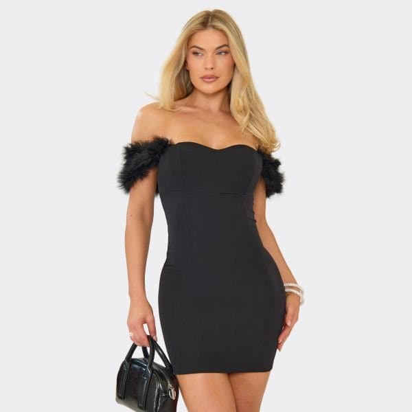 EGO Bardot Feather Strap Detail Mini Dress In Black, Women's Size UK 10