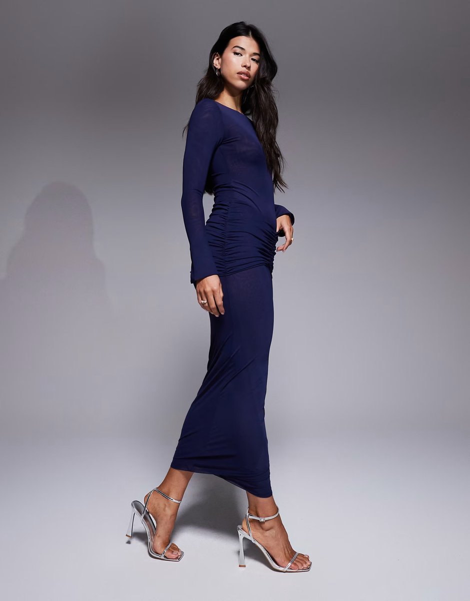 ASOS Ruched & Ready mesh ruched drape detail bodycon maxi skirt co-ord in navy - 2